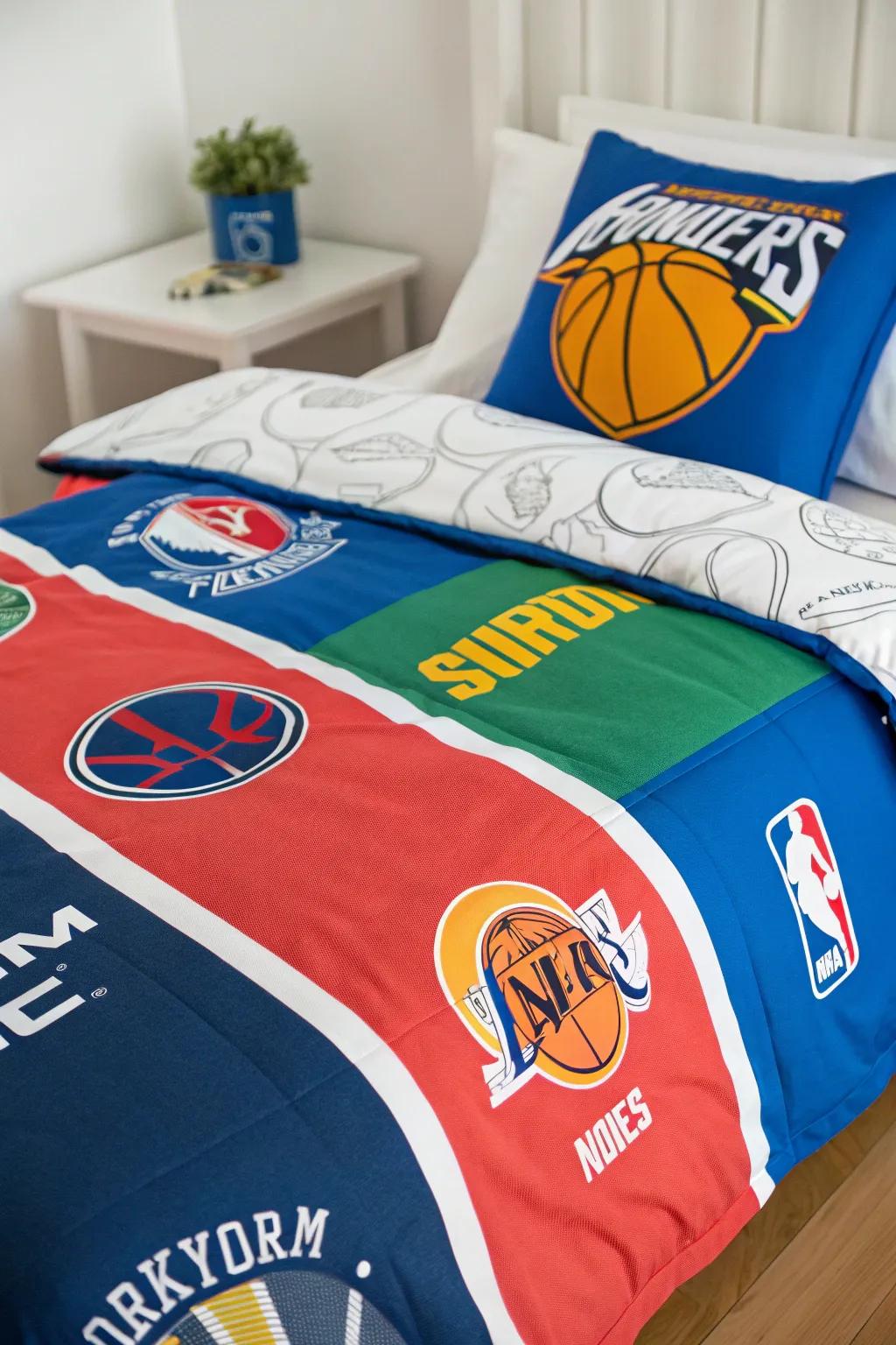 Team-themed bedding lends a bespoke nuance to the basketball-centric room.