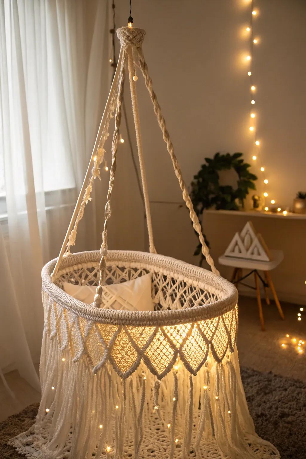 Bohemian atmosphere featuring a knotted rope hanging bassinet.