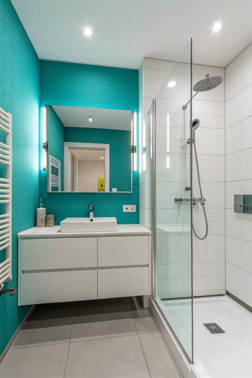 A striking color accent wall generates a vibrant energy.