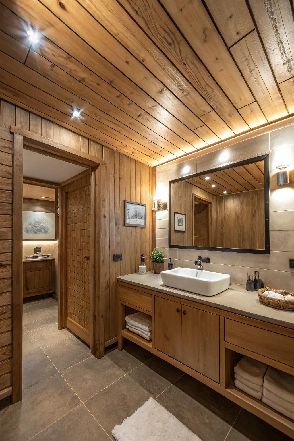 Wood paneling radiates a rustic yet polished appeal, bringing warmth into your bathroom space.