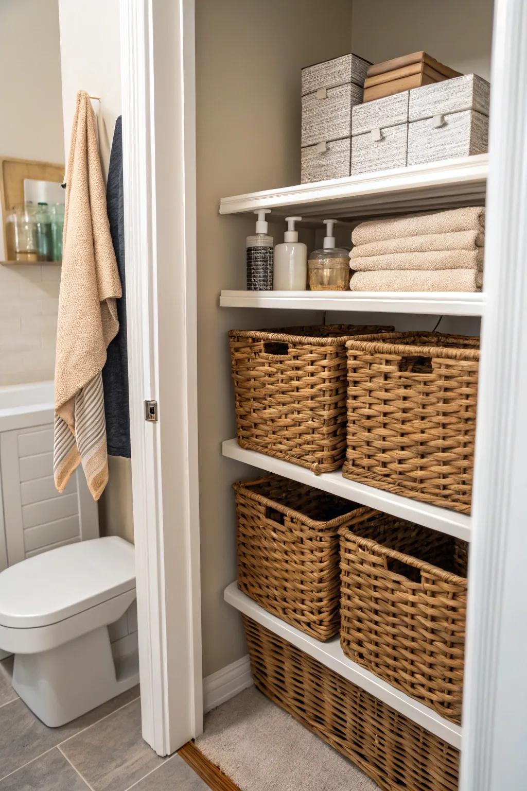 Straw containers infuse warmth and promote tidiness.