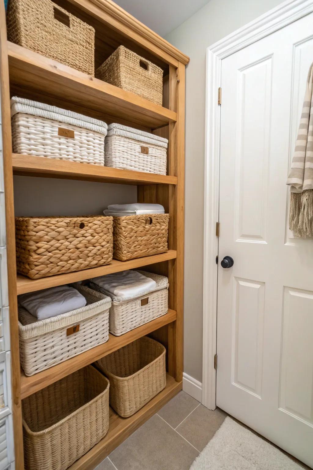 Shelving featuring matching baskets to achieve a neat and harmonious aesthetic.
