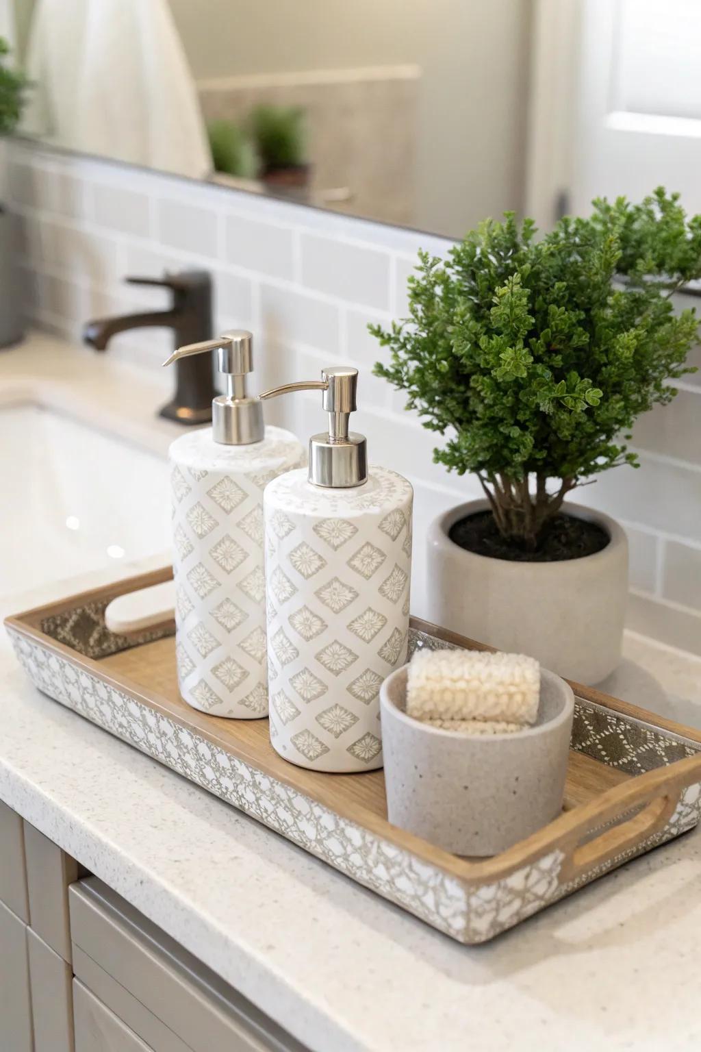 A stylish plateau can improve both organization and aesthetics on your bathroom counter.