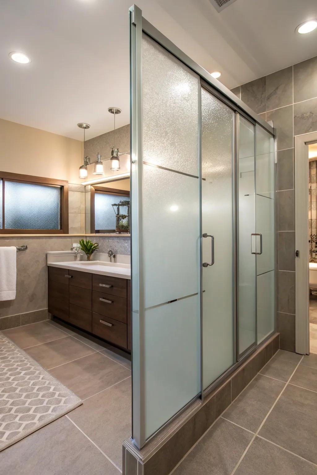 Frosted glass panels ensure privacy while maintaining a bright and spacious atmosphere.