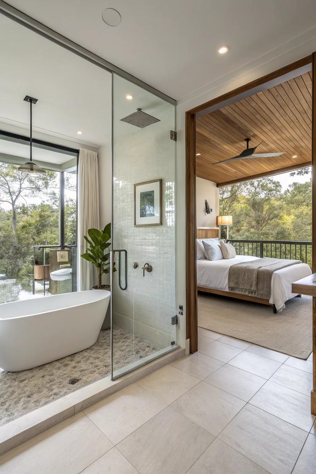 An open-concept bathroom design that fosters a smooth transition between various living areas.