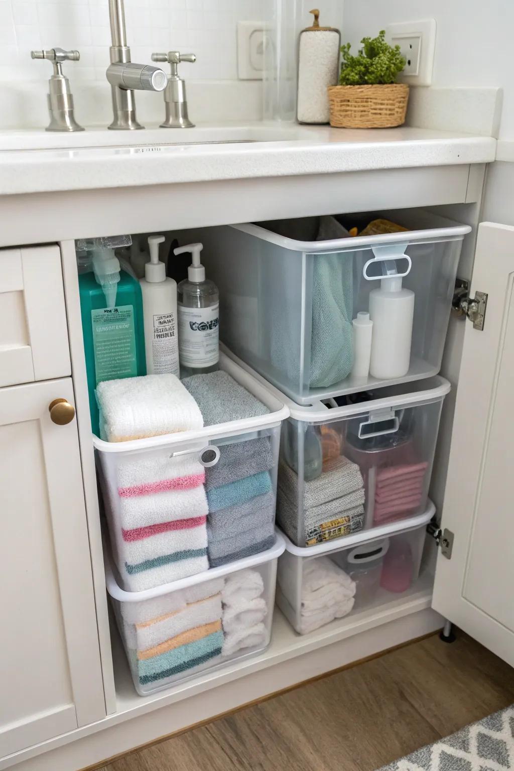 Transparent containers and flexible shelving solutions under the sink.