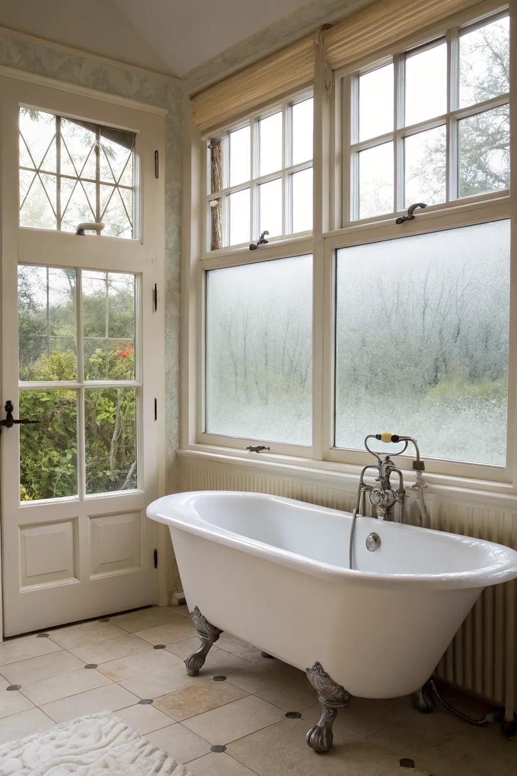 Elegant privacy: Obscured glass allows light while ensuring privacy.
