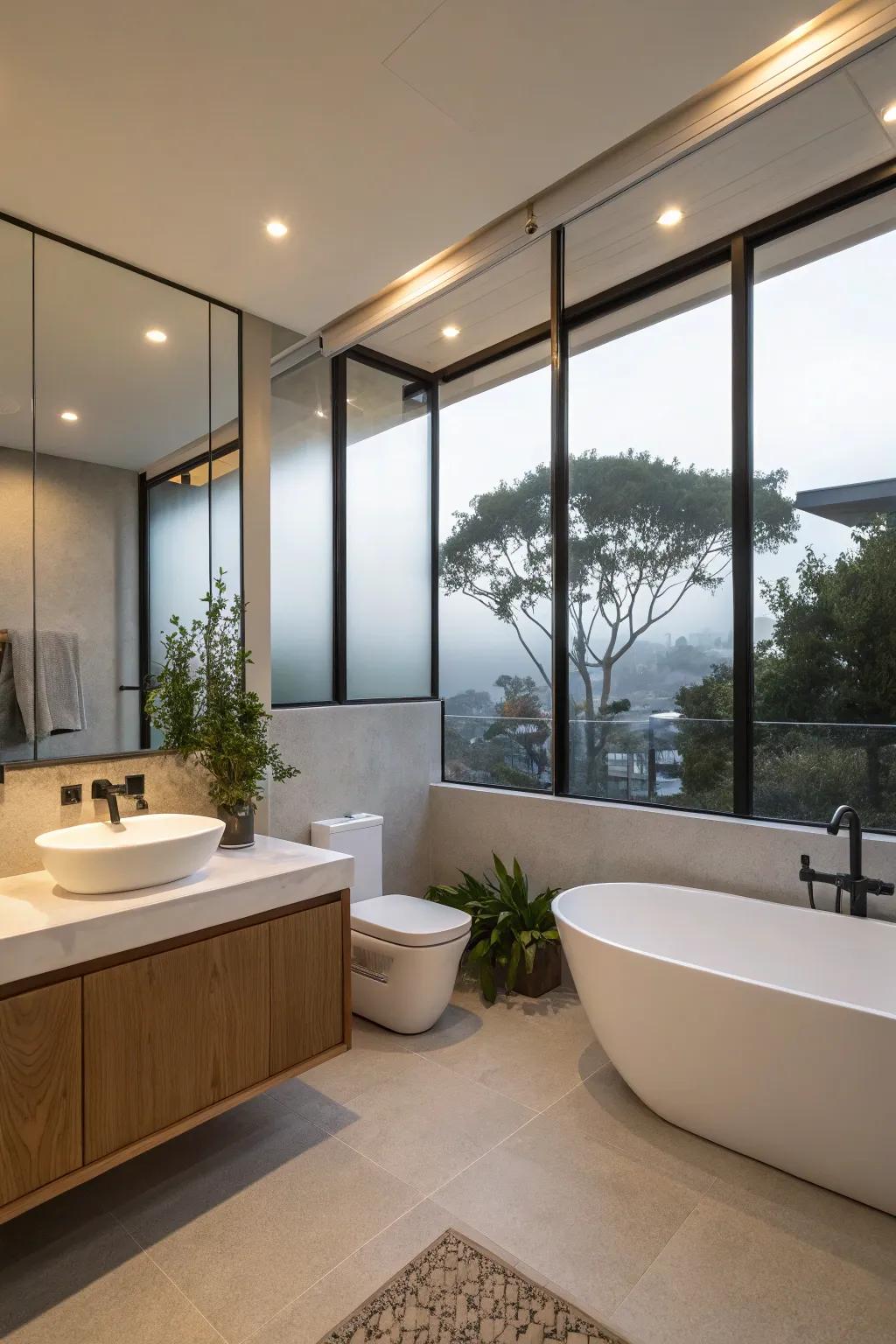 Etched glass windows provide privacy and soft lighting in the bathroom.