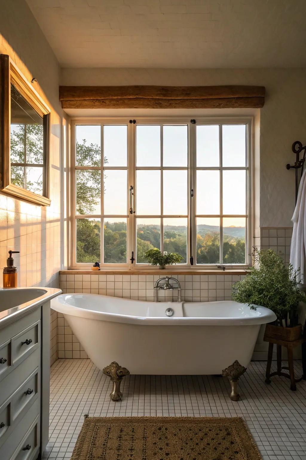Sunlight fills this bathroom, emphasizing the stylish bathtub.