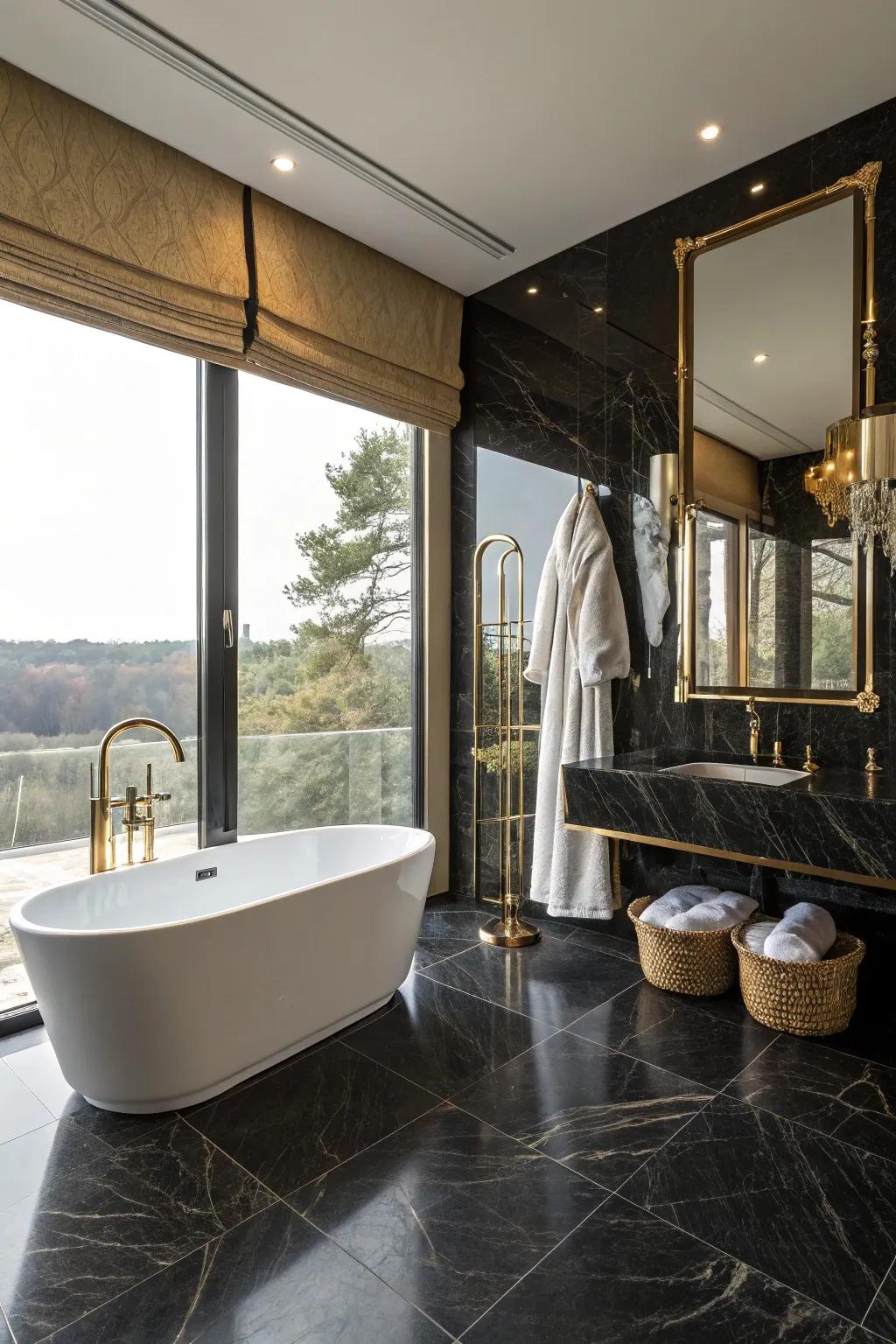A standalone soaking tub introduces a note of luxury to this elegant bathroom setting.