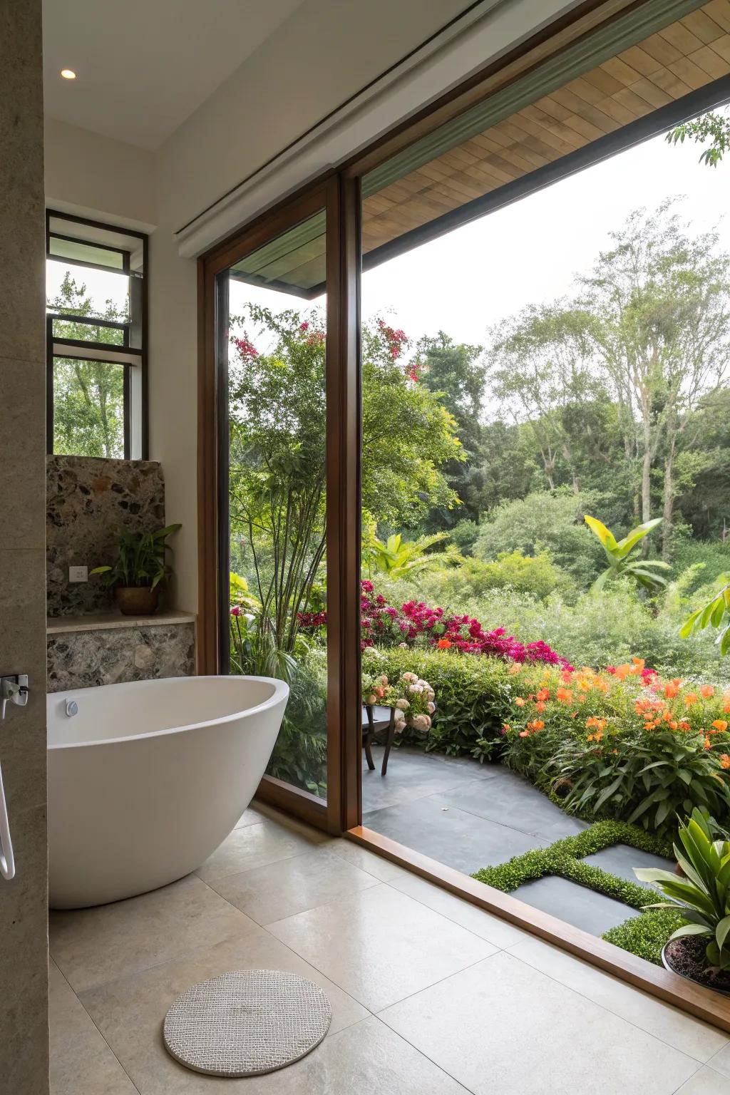 A contemporary bathtub offers views of a flourishing garden, marrying indoor luxury with outdoor splendor.