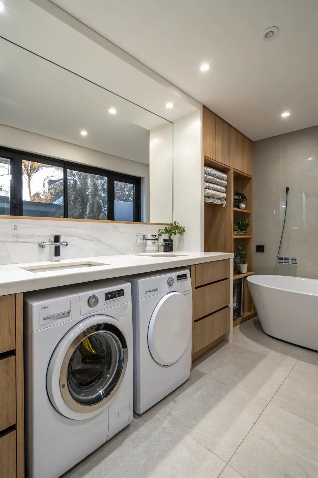 Washer and dryer installed under the counter for a sleek appearance.