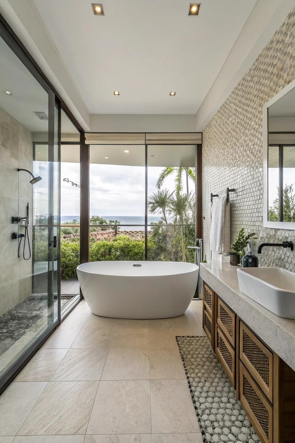 Achieve a cohesive aesthetic with an elegant tiled finish for your bathtub.