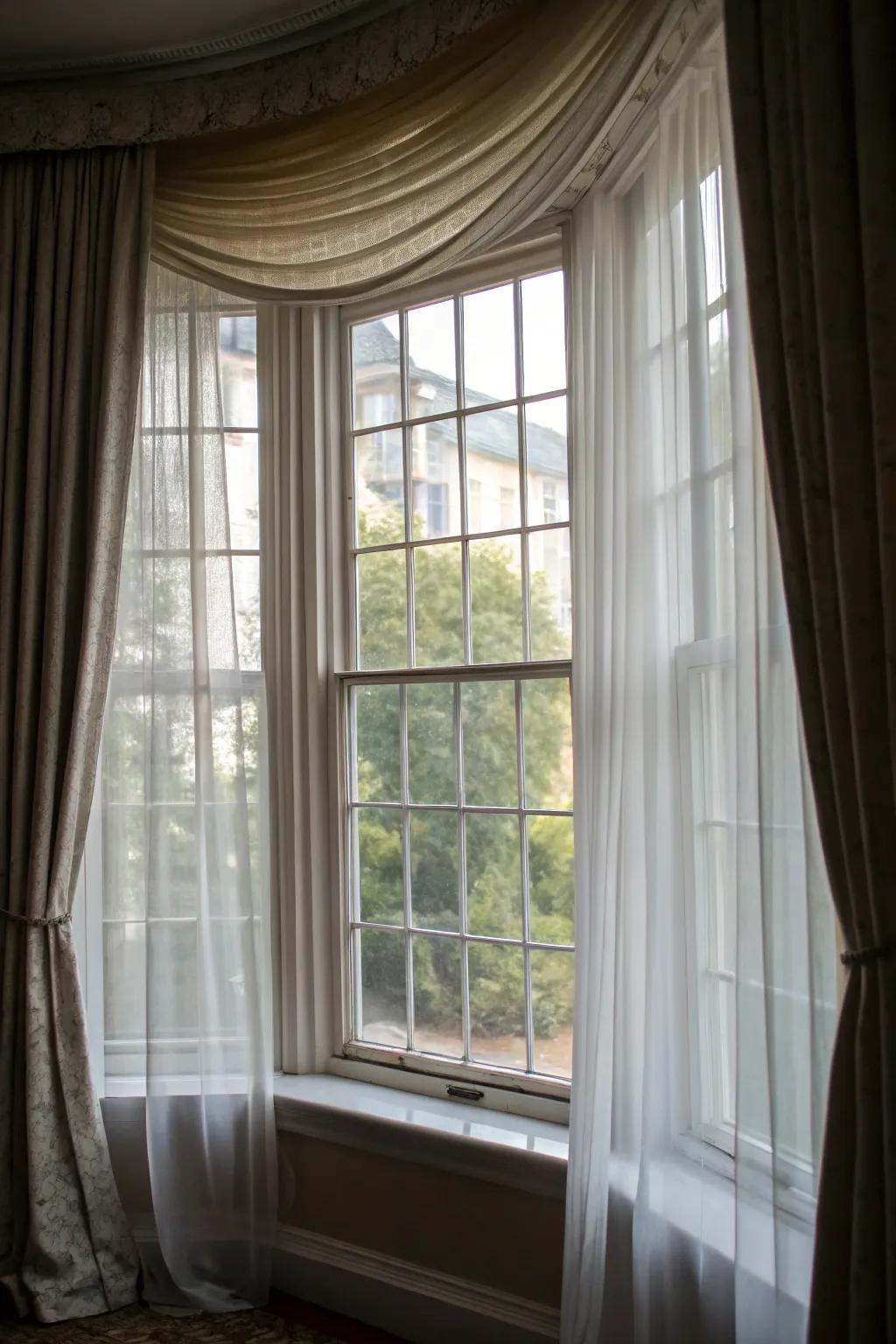 Layered curtains enhancing the versatility and depth of bay windows.