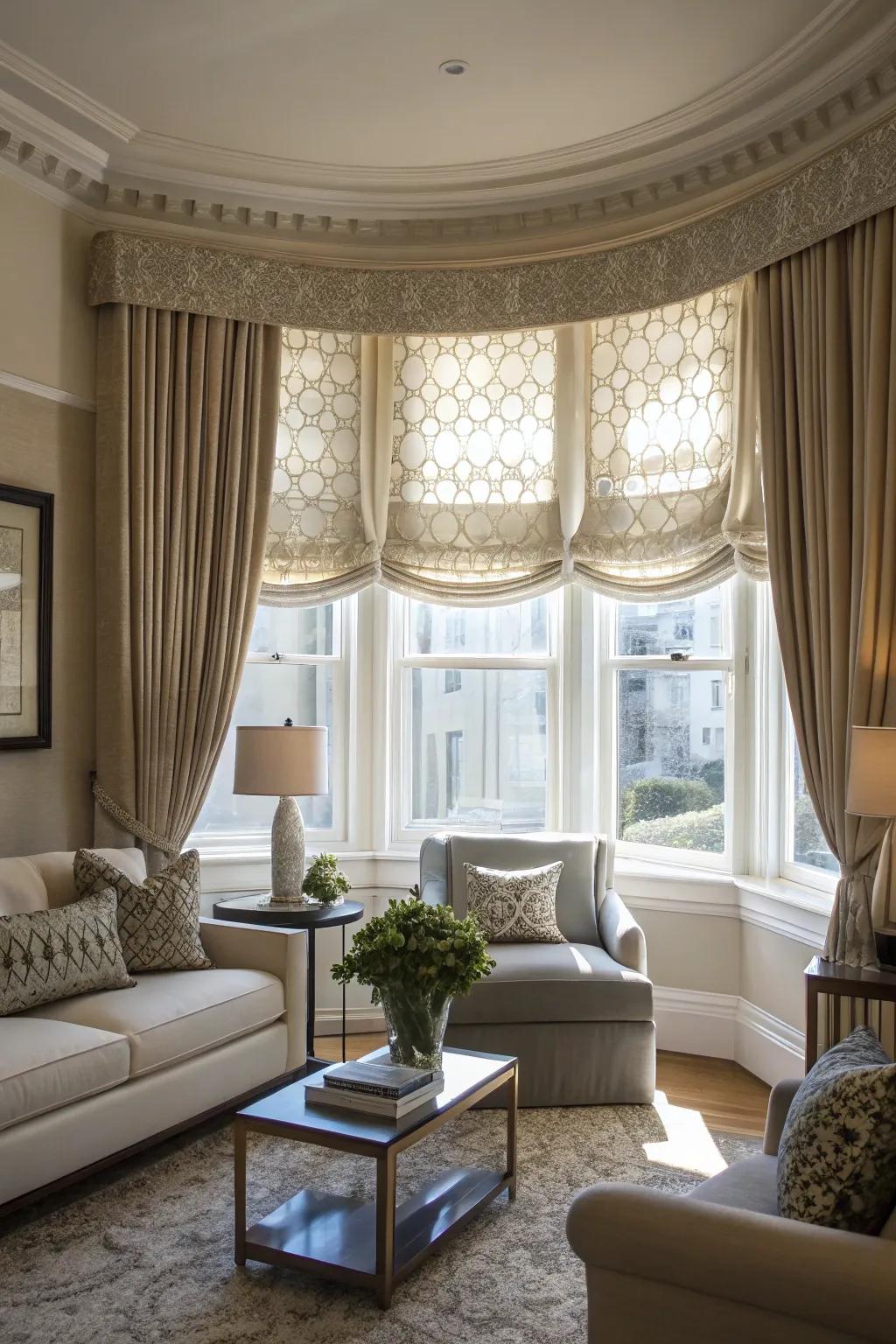 Fabrics with texture heighten interest and dimension to bay windows.