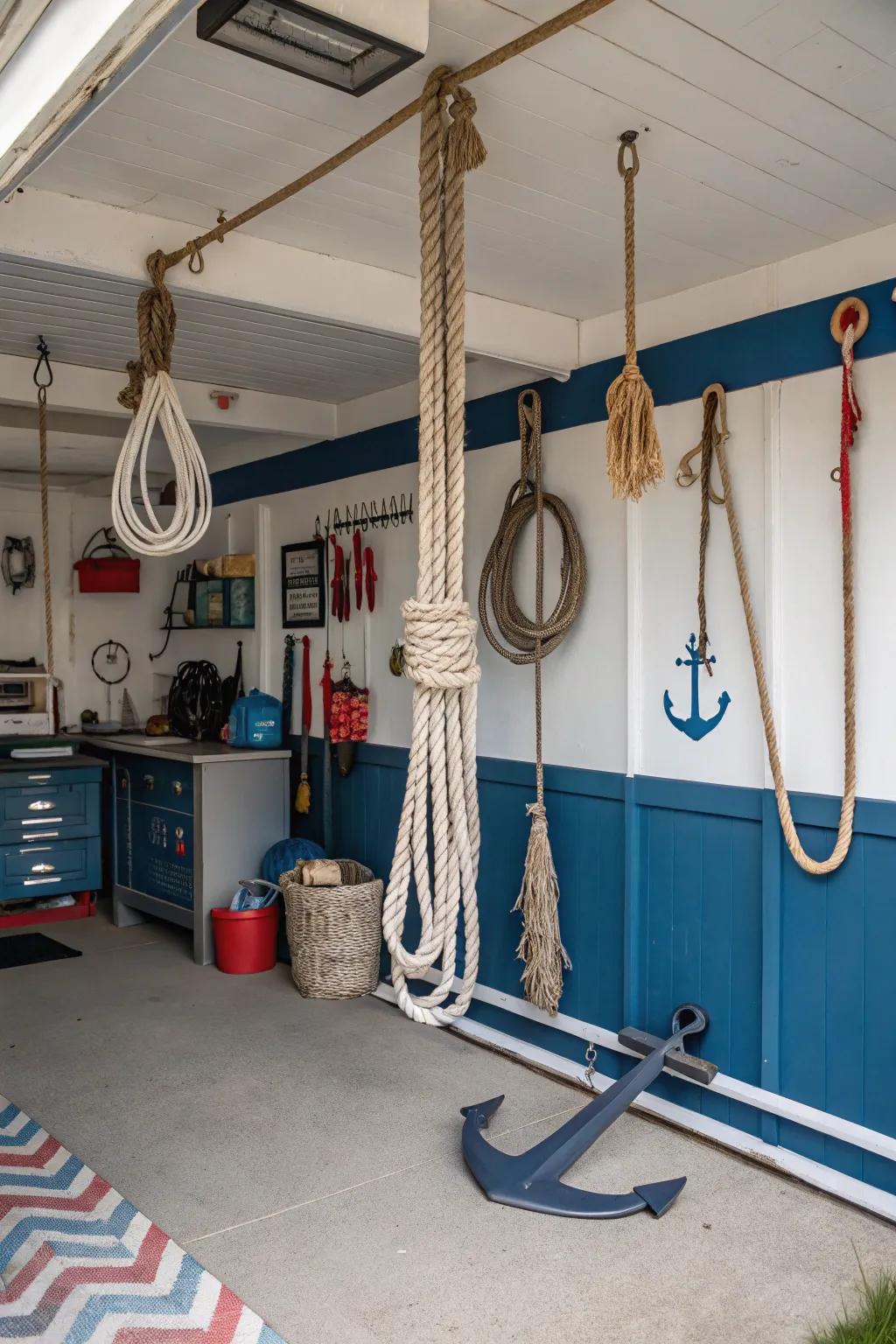Nautical details transform this garage into a seaside-inspired escape.