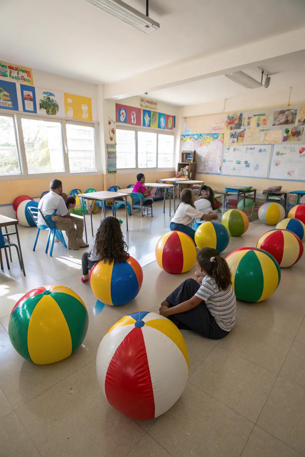A classroom utilizing beach balls as seats, perfect for engaging and active learning.