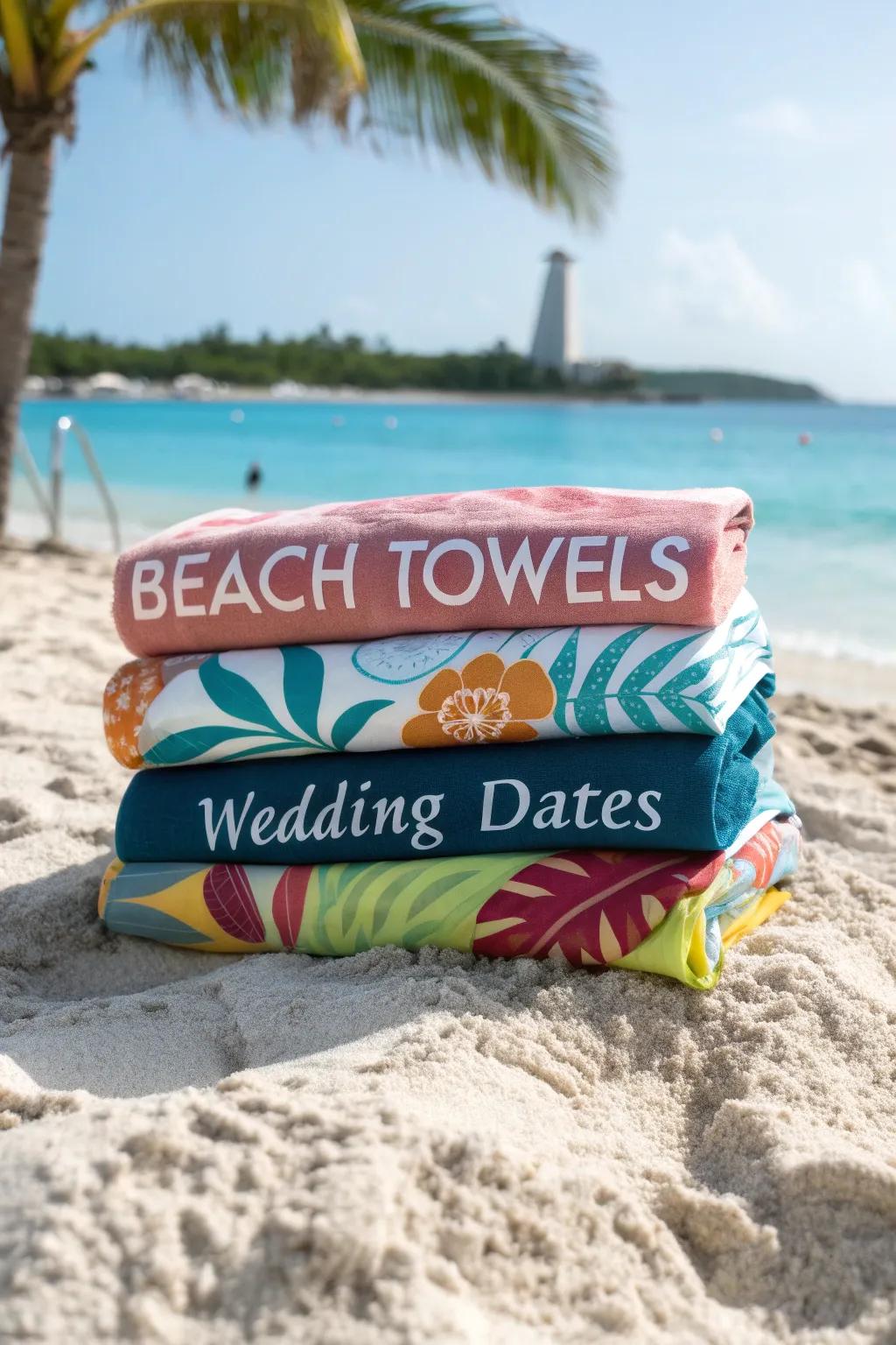 Customized seaside towels offer practicality in addition to a personal detail.