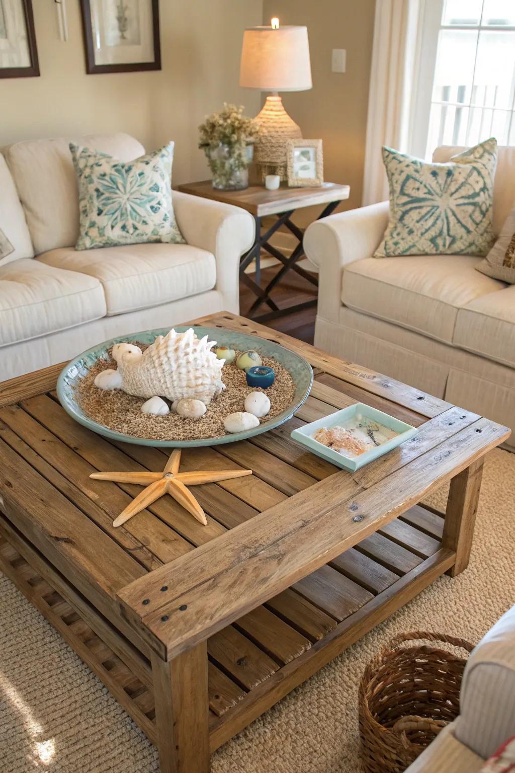 Raw wood accents offer warmth and a coastal sensation.
