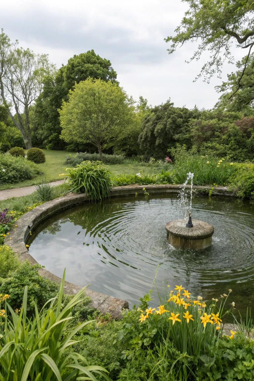 A serene garden pond featuring a soft fountain, encircled by vibrant spring foliage.