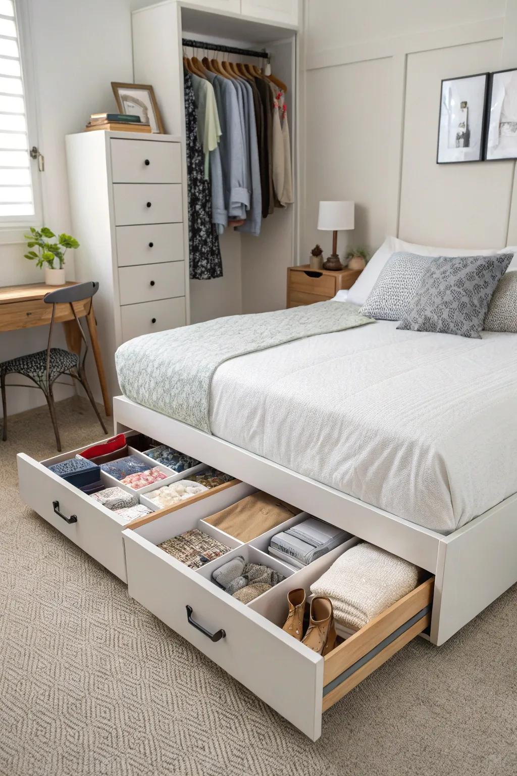 Under-bed storage units offer a neat and stylish organizational solution.