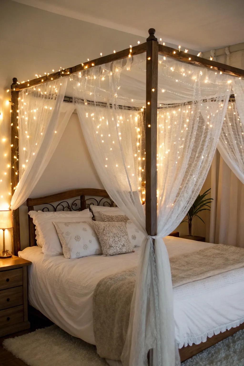 A draped bed frame with lights conjures a magical and peaceful atmosphere.