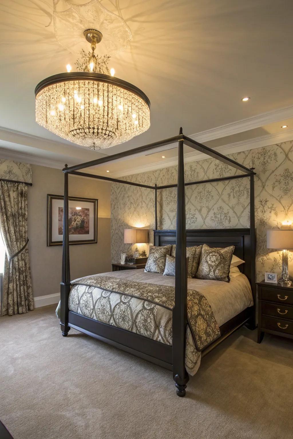 A chandelier contributes sophistication with widespread illumination.