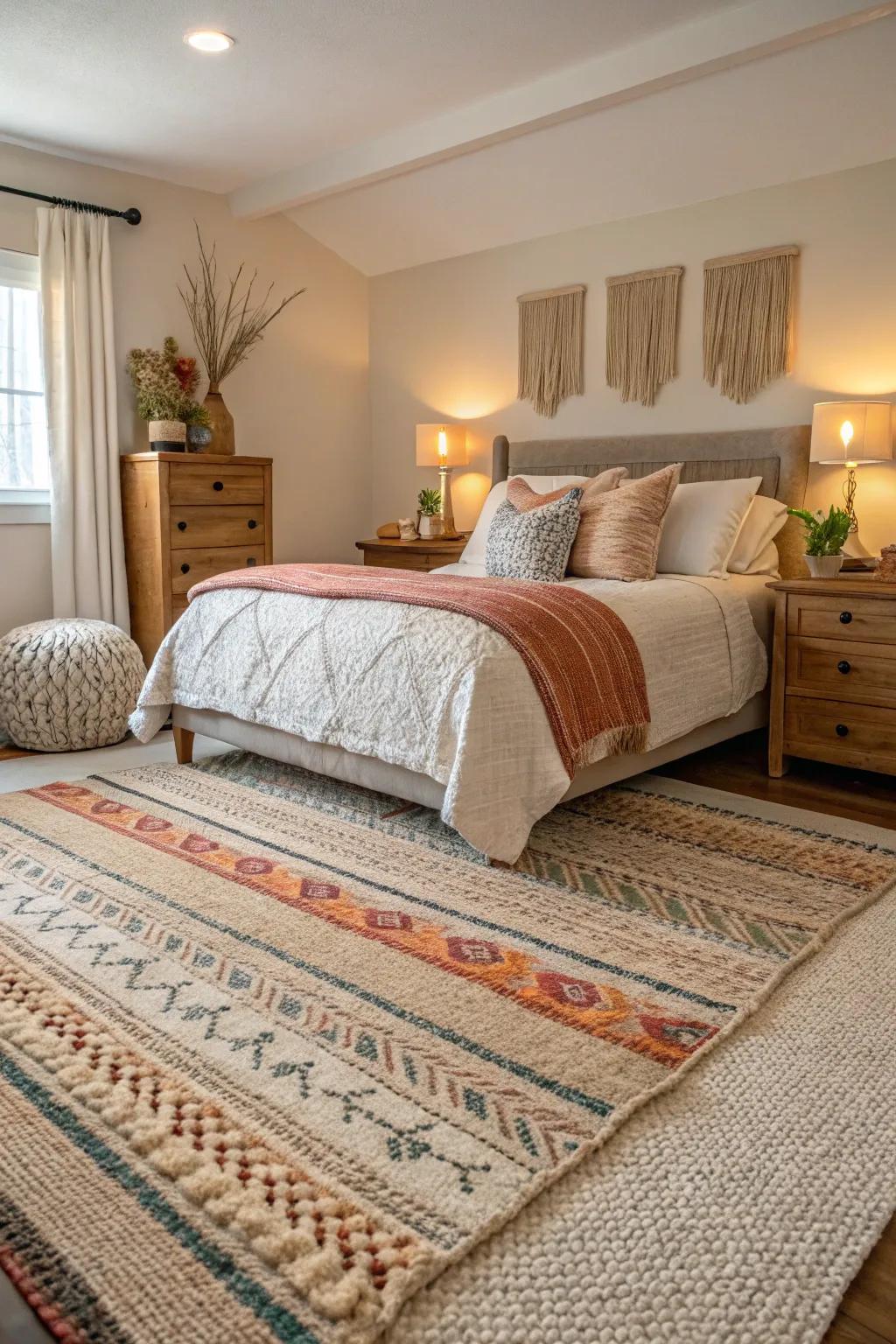 Arranging rugs on top of carpets enriches your bedroom's visual appeal with added texture and dimension.