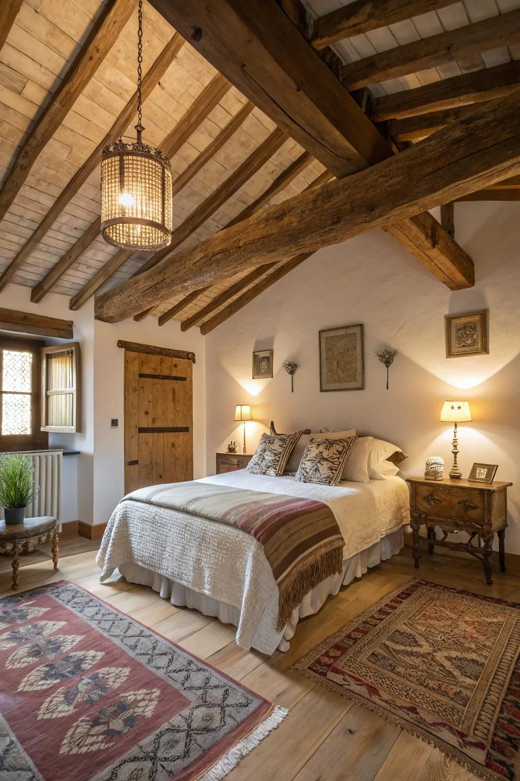 Design a cozy escape with the addition of wooden beams.