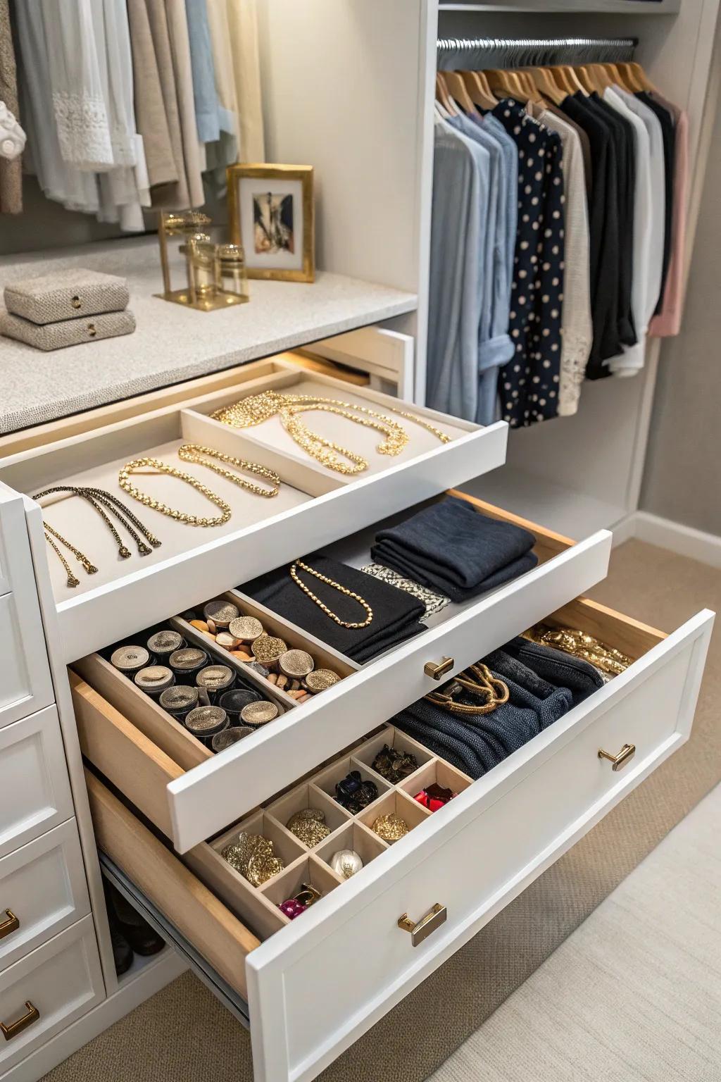 Pull-out shelves offer a stylish and practical way to store smaller accessories.