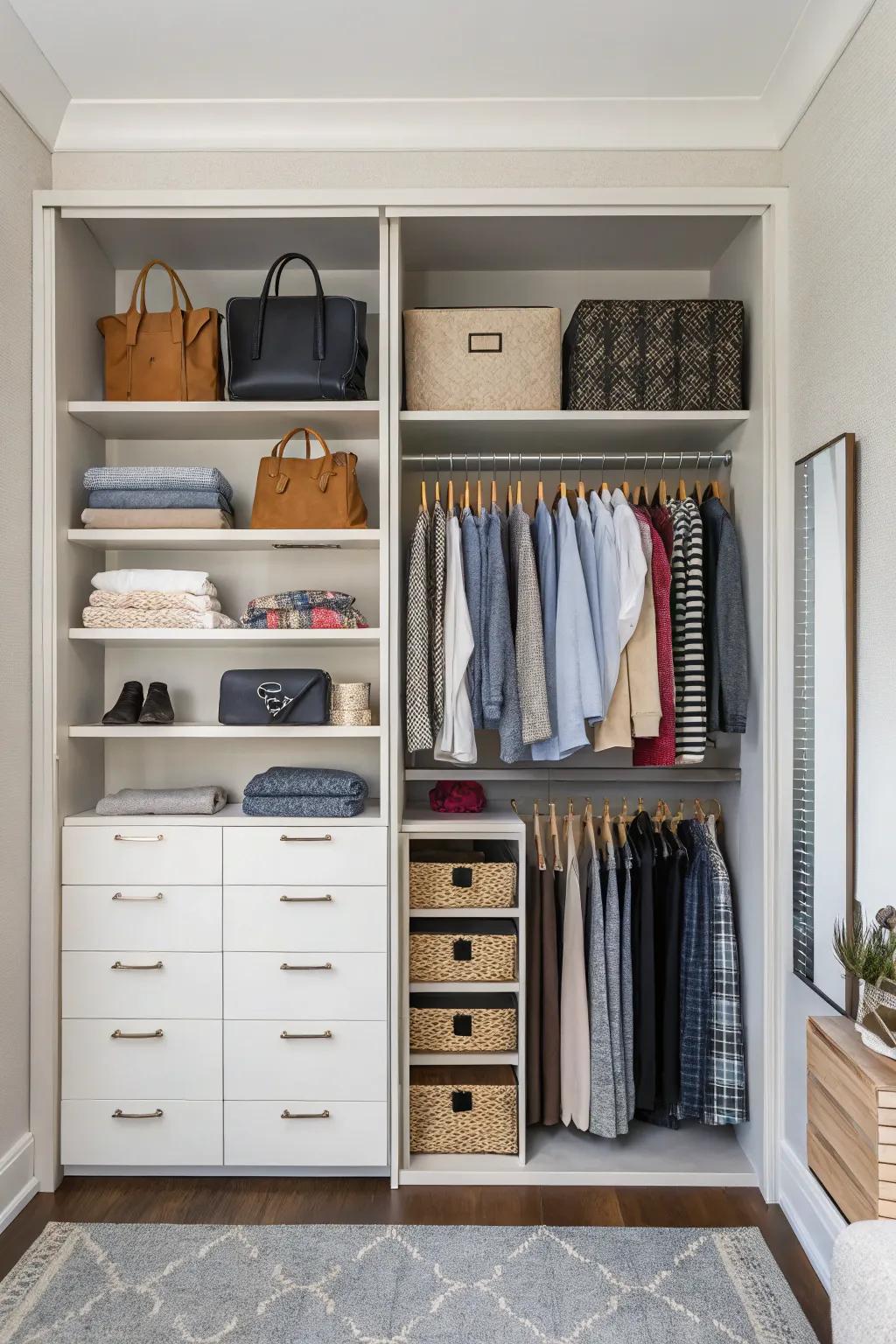 Open shelves contribute to a clean and easily accessible closet arrangement.