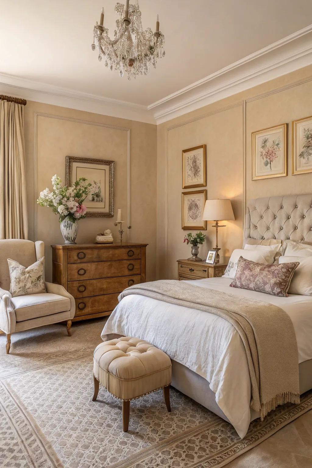 A peaceful bedroom featuring neutral shades and chic accents.