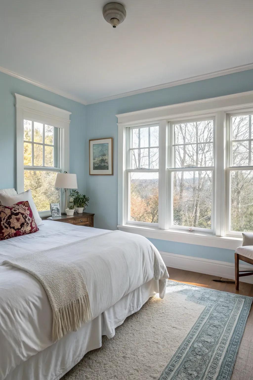 Soft blues fashion a serene and luminous bedroom retreat.