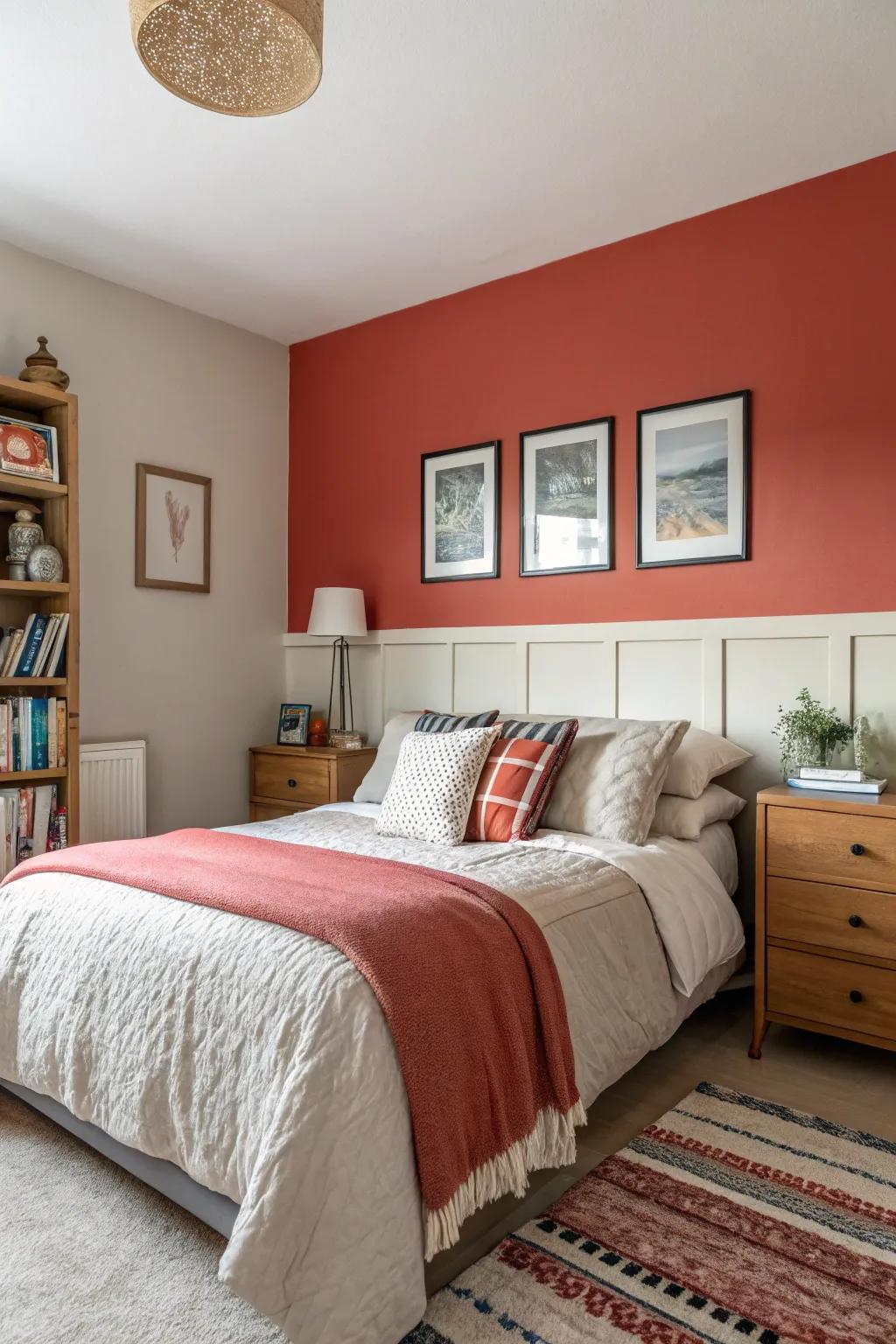 This bedroom is brought to life with a statement wall that exudes personality and charm.