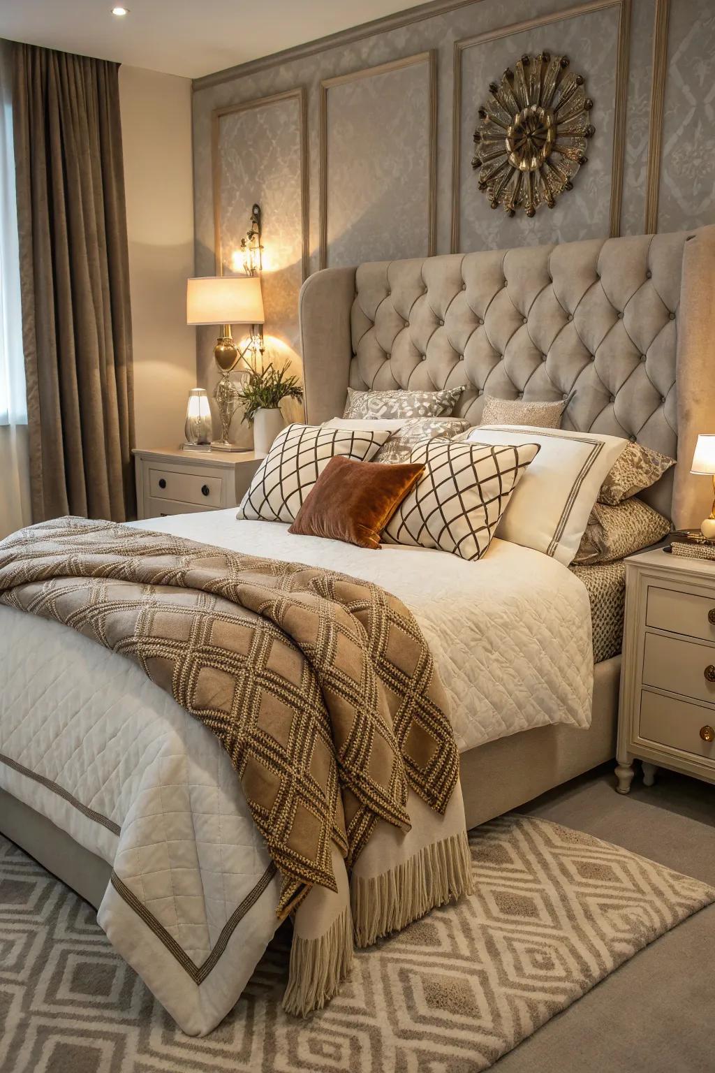 Artfully layered fabrics on a bed, bringing added warmth and a stylish touch to this sophisticated bedroom.