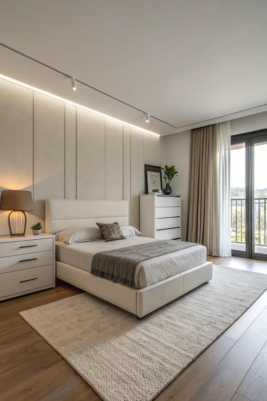 A bedroom styled with modern, minimalist furniture distinguished by clean lines.
