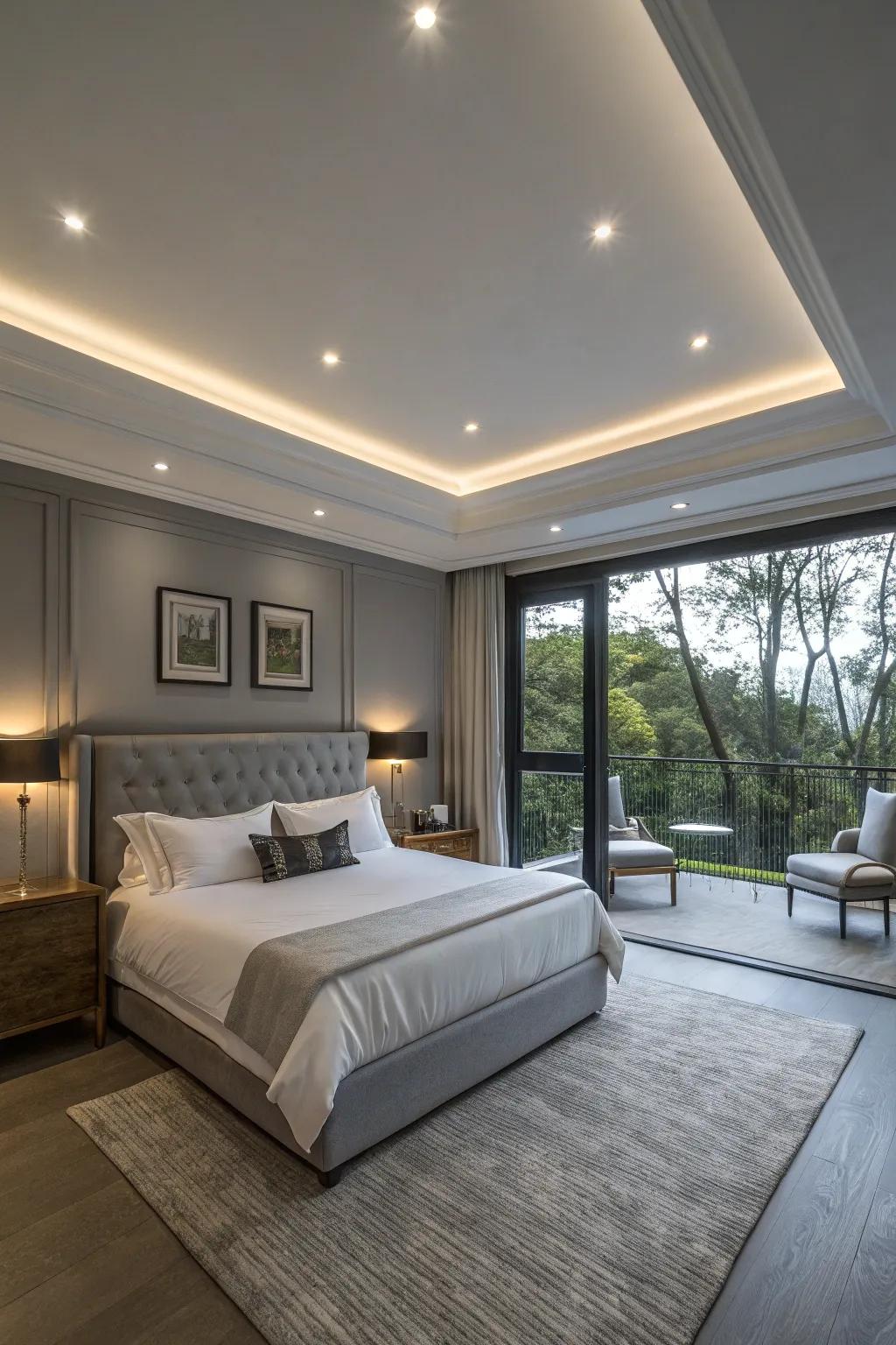 Panel lights introduce a subtle enhancement to a modern bedroom.