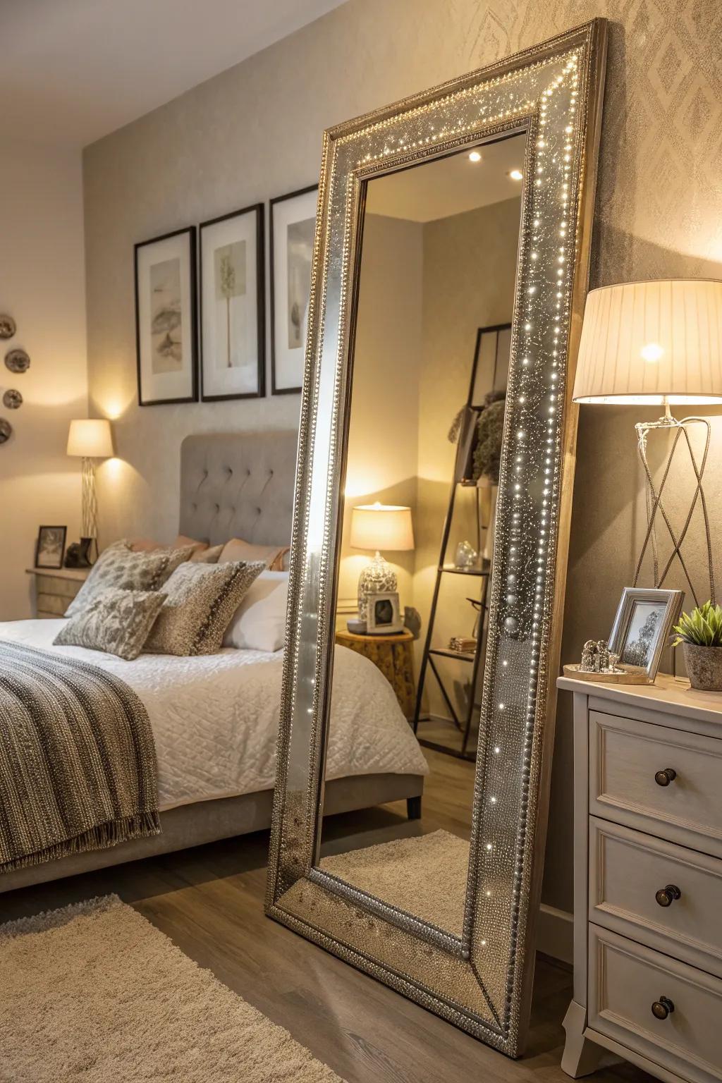 An elegantly framed mirror enhances a stylish bedroom setting.