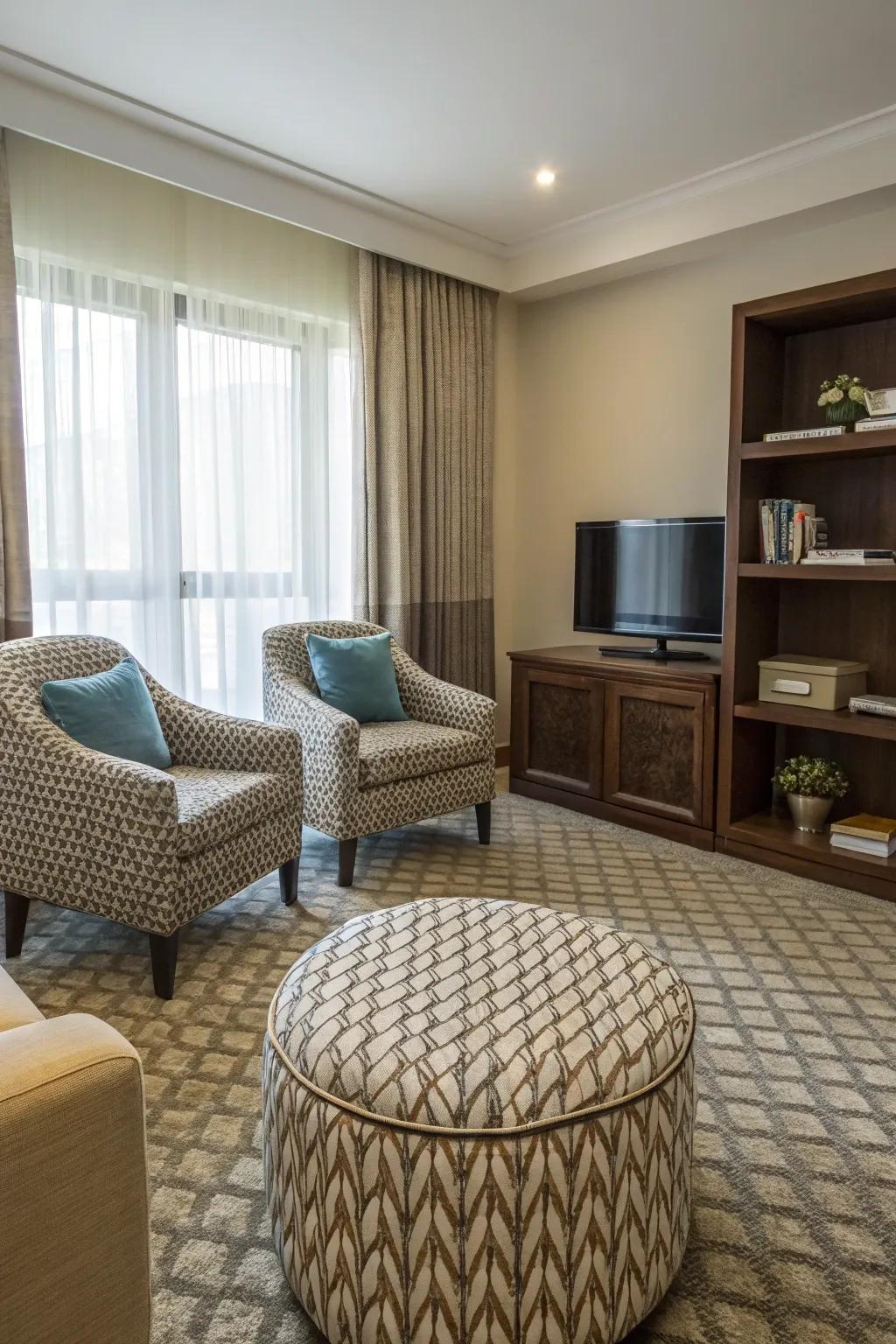 A versatile footstool brings both style and practicality to your bedroom television area.
