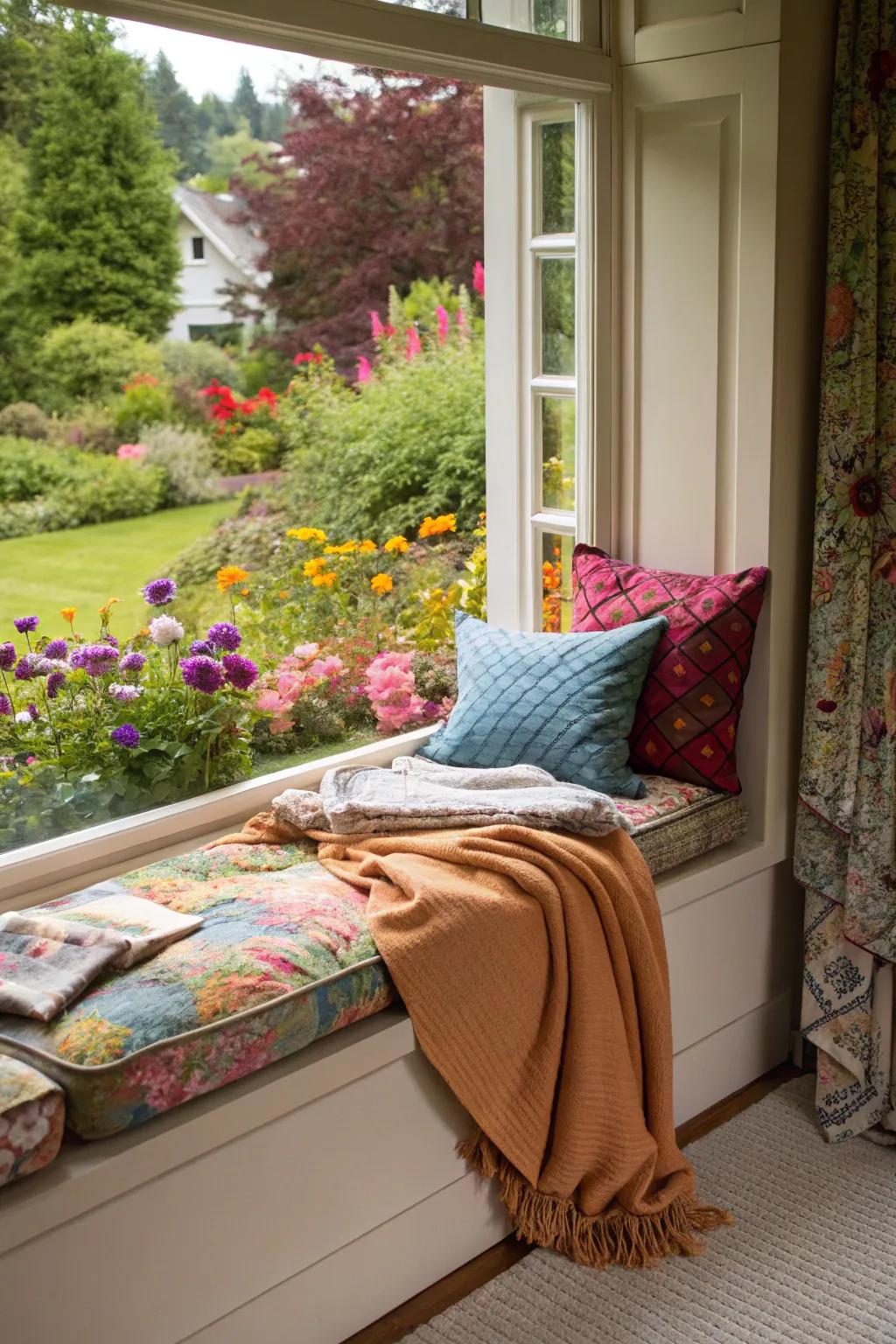 A window seat provides an idyllic corner for unwinding and enjoying the scenery.