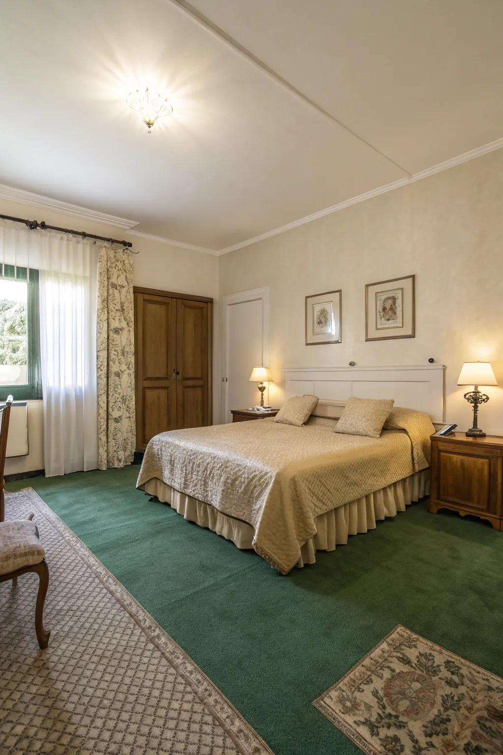 Understated shades flawlessly complement the striking verdant floor covering in this serene bedroom.
