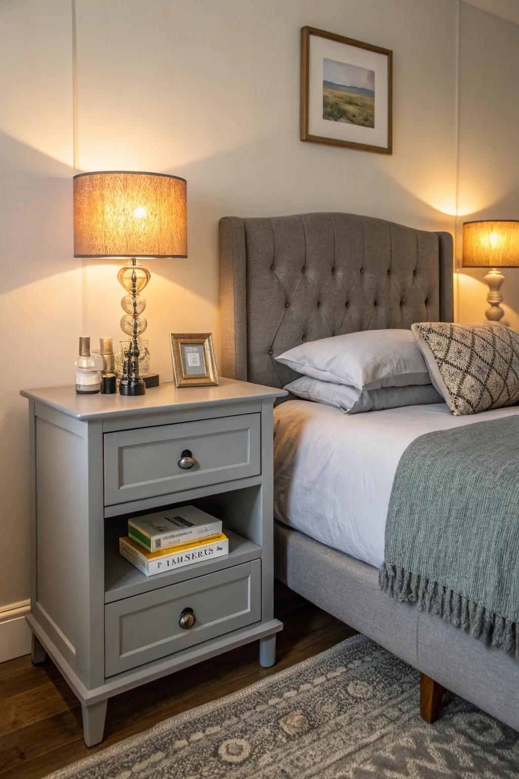Grey bedside tables merging aesthetic appeal and practicality.
