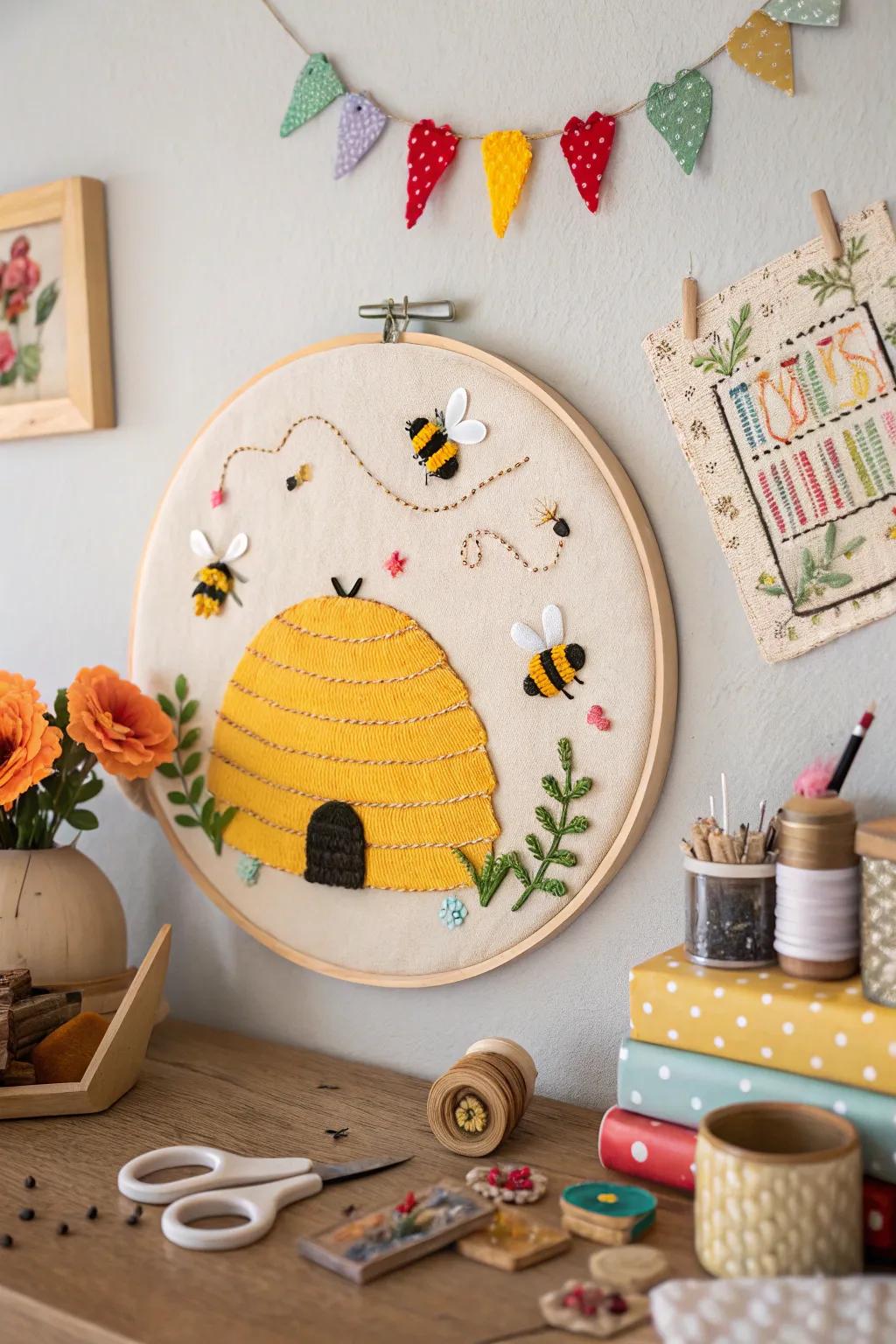 Introduce a whimsical accent to your art space utilizing an needlework ring beehive.