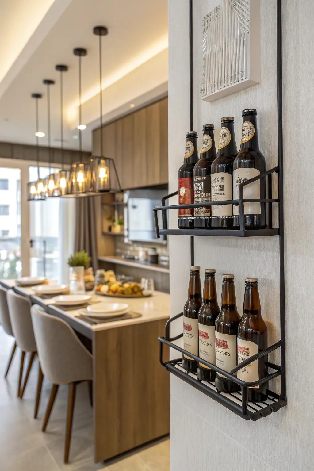 A contemporary secured brew bottle mount in a dining area.