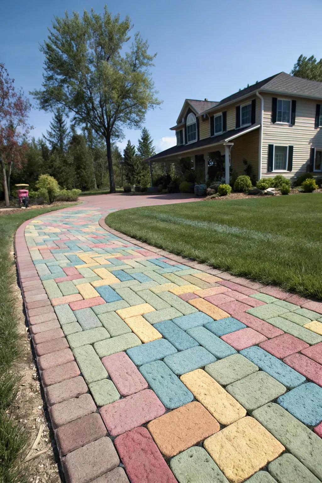 A steep driveway showcases colorful, high-traction pavers that enhance safety and visual appeal.