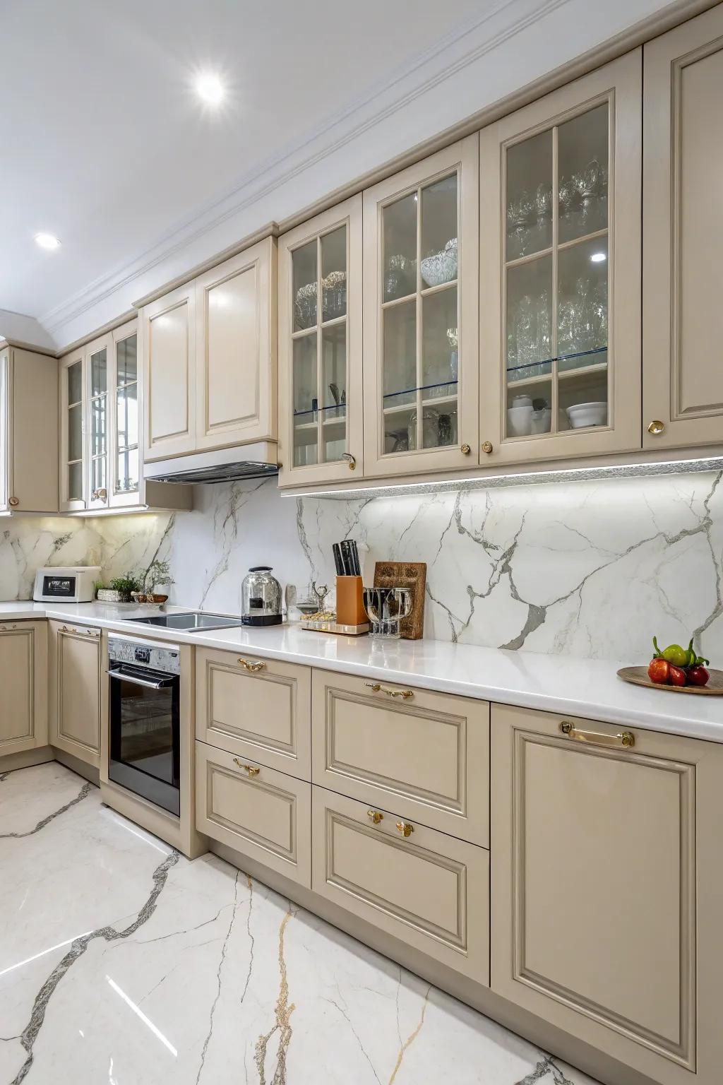 Marble worktops infuse elegance and texture into beige cabinets.
