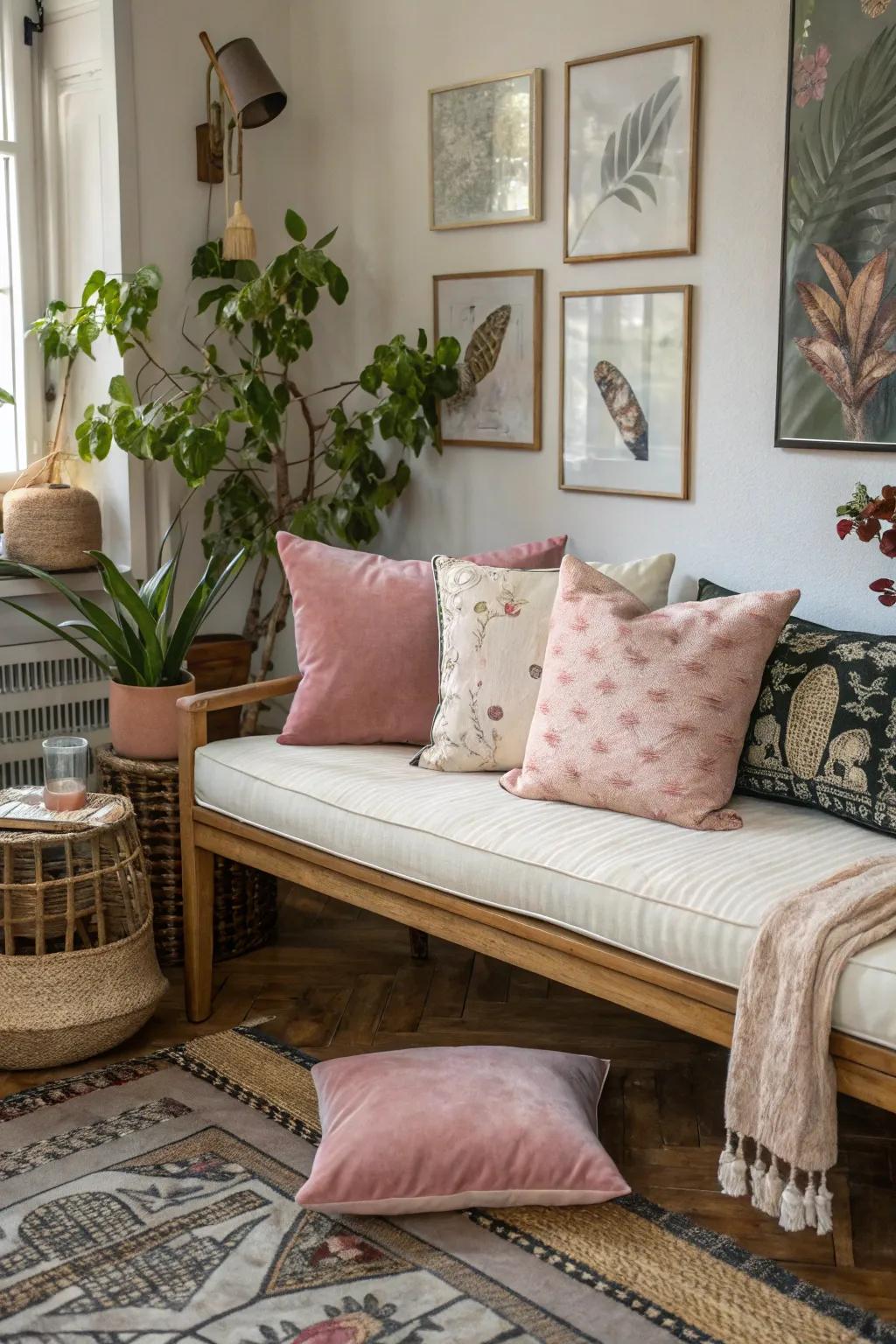 Pairing textiles like linen and velvet yields a visually captivating cushion arrangement.