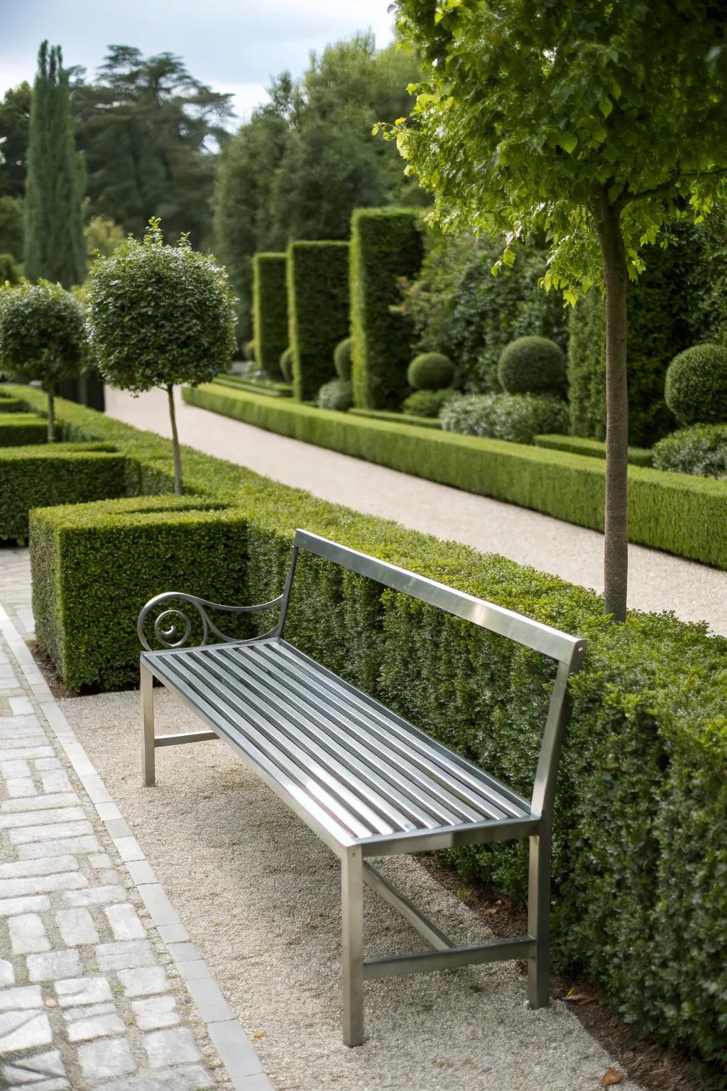 Sleek metal benches provide a streamlined look for contemporary outdoor spaces.