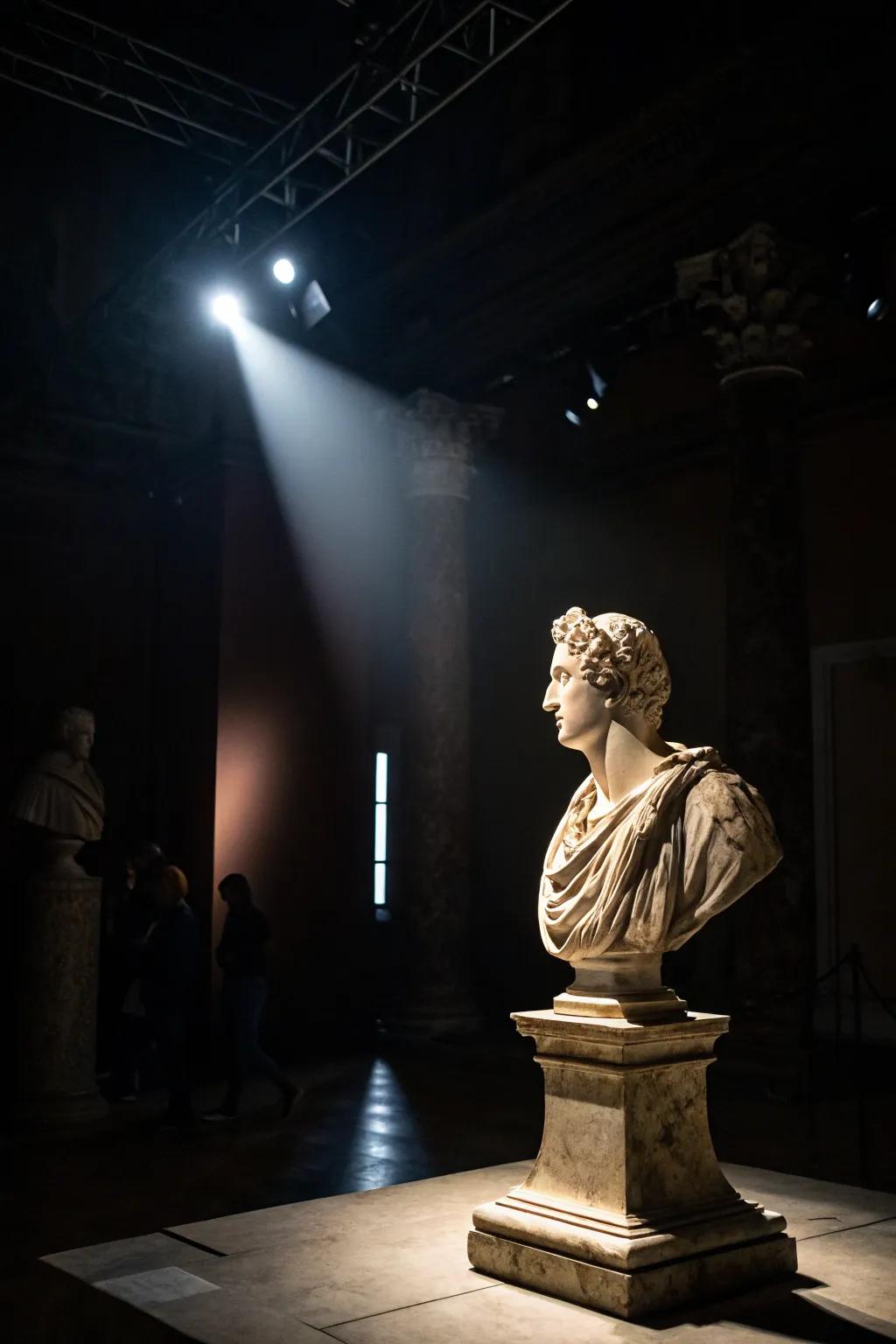 A single spotlight draws attention to a sculpture in a dim setting