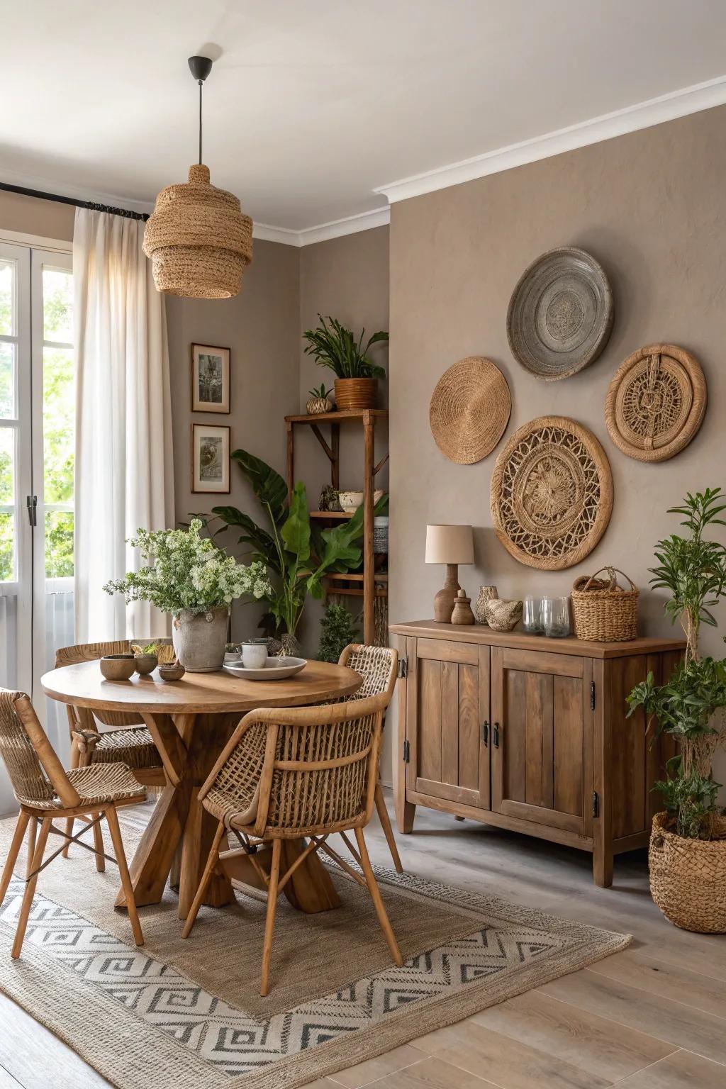 Earthy neutral colors provide a harmonious and soothing dining environment.
